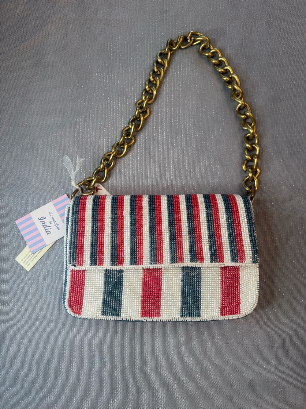 Viral Beaded Bag! NWT Made in India Red White Blue Stripes Chain Shoulder Bag - Picture 5 of 11